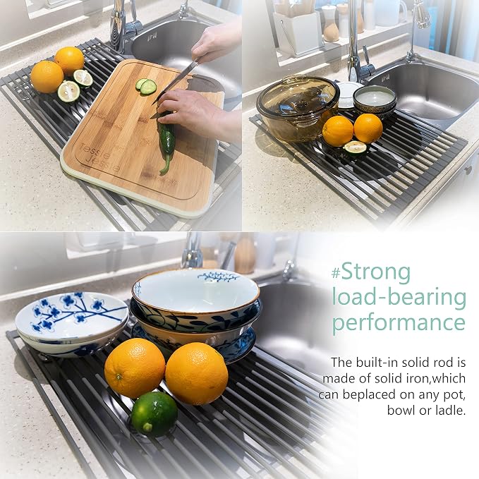 Bigdata&BetterLife Roll Up Dish Drying Rack Simple Large Space Saving Dish Drying Mat for Kitchen Foldable Silicone Coated Stainless Steel Heavy Duty Dry Rack(Black, 20.5" x 13.1") - Image 4
