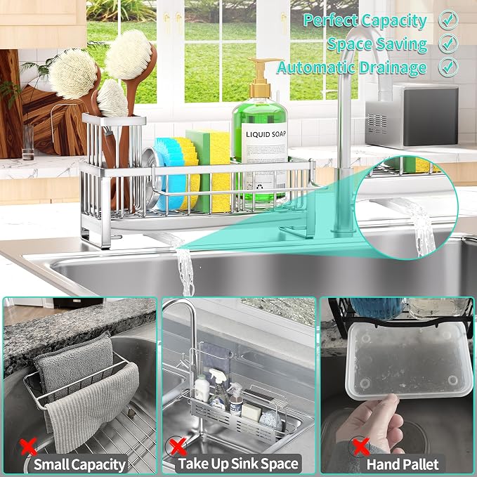 HapiRm Sponge Holder for Kitchen Sink - Self-draining Sink Caddy with Brush Holder and Dishcloth Holder, Stainless Steel Kitchen Organizer - Silver - Image 7