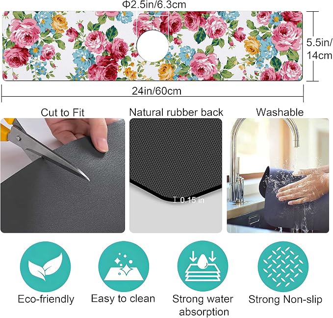Kitchen Sink Splash Guard Faucet Mat Super Absorbent Fast Drying Mat Sink Gadgets Splash Guard Behind Faucet Drip Catcher for Kitchen (Pink Red Roses Floral, 23.5x5.5in) - Image 5