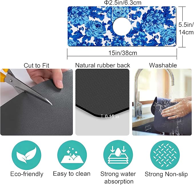 Kitchen Sink Splash Guard Faucet Mat Super Absorbent Fast Drying Mat Sink Gadgets Splash Guard Behind Faucet Drip Catcher for Kitchen (Blue Flowers, 15x5.5in) - Image 4