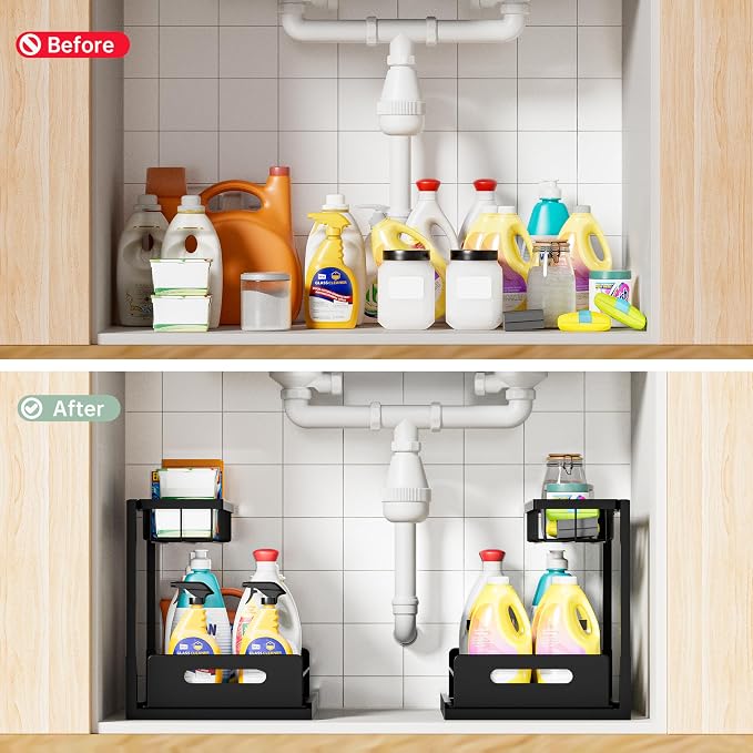 Under Kitchen Sink Organizer 2 Tier, Pull Out Bathroom Sink Organizers and Storage, Cabinet Kitchen Bathroom Storage Organization Shelf, 1 Pack Black - Image 2