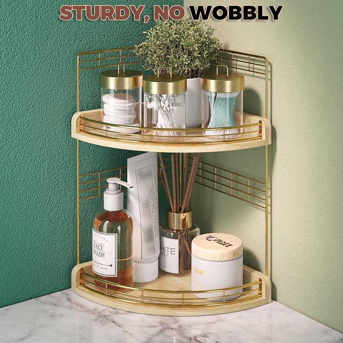 Bathroom Countertop Corner Organizer for Small Spaces, 2-Tier Counter Shelf | Oak Wood & Iron Counter Shelf for Sink & Vanity Corners, Skincare, Toiletries, Space-Saving, Compact Vertical Storage Natural - Image 5
