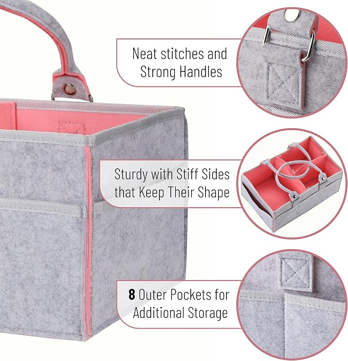 Mr. Pen- Baby Diaper Caddy Organizer, Gray, Pink Inside | Nursery Storage Bin and Car Organizer for Diapers and Baby Wipes - Image 3