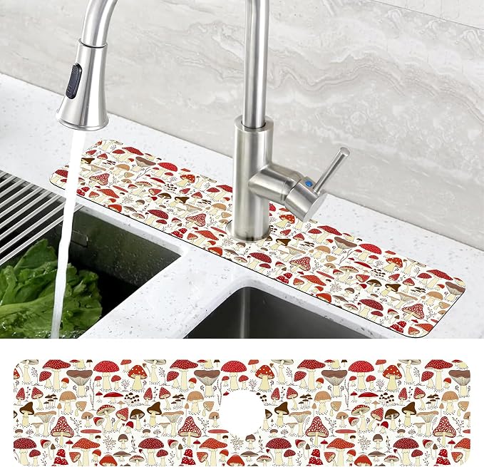 Cartoon Mushrooms Dish Drying Mat for Kitchen Sink Splash Guard Behind Faucet Sink Mat Absorbent Fast Drying Faucet Draining Mat for Bathroom Kitchen 5.5"×24" - Image 4