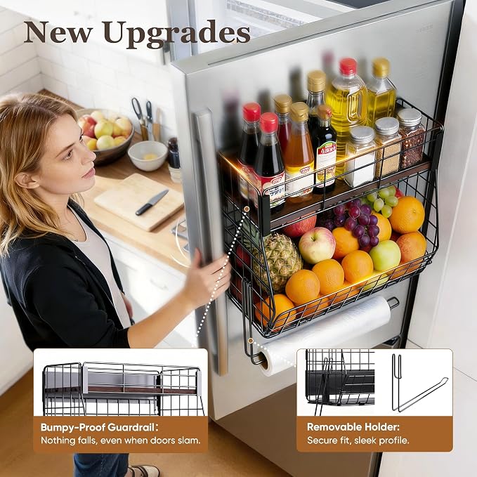2 Pack Magnetic Spice Rack for Fridge with Paper Towel Holder andf 4 Hook | Fruit Basket Kitchen Storage and Organizer, Full‑Enclosed Magnetic Shelf 33 lbs for Laundry, Pantry, Coffee Bar and RV - Image 3