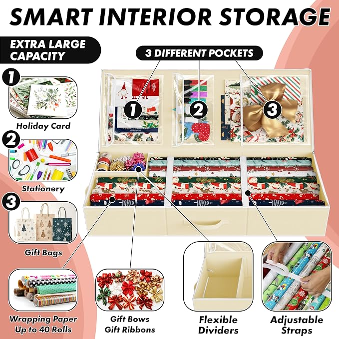 Simple Houseware 41.5" Wrapping Paper Organizer, Fits 40 Rolls, Beige | Adjustable Straps, Interior Divider for Ribbons & Bows, 3 Clear Pockets for Gift Bags & Tools, 41.5"L x 16"W - Image 4