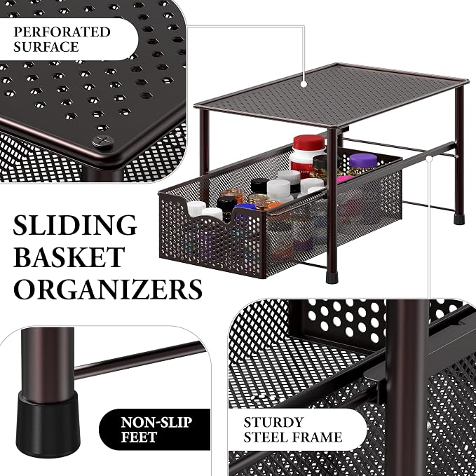 Simple Houseware Stackable Under Sink Sliding Basket Drawer, Brown | Perforated Free Standing Organizer, Kitchen/Pantry/Cabinet/Counter - Image 4