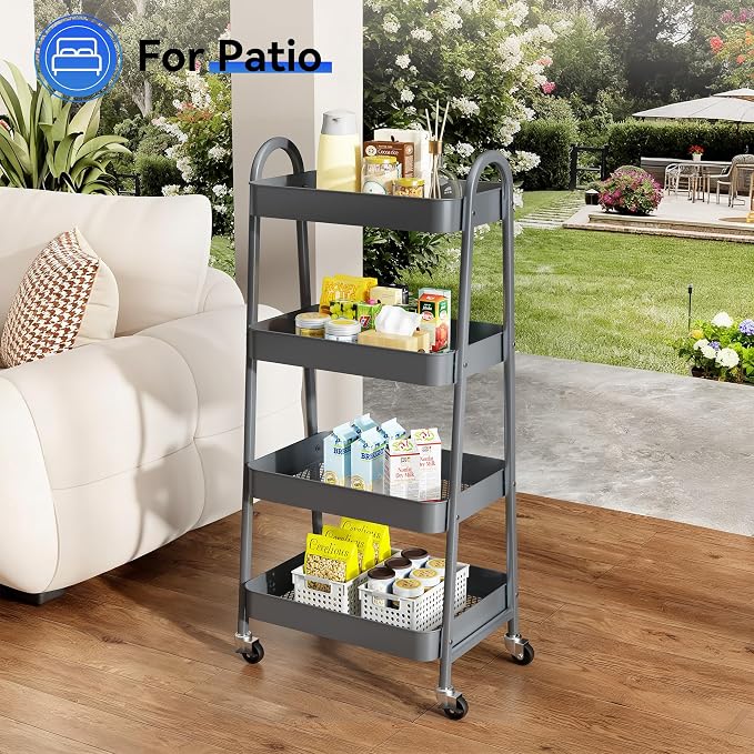 NEWBULIG 4-Shelf Metal Rolling Storage Utility Cart with Lockable Wheels | Mobile Organizer Shelf, Space-Saving, Freestanding, Bathroom, Living Room, Slim, Narrow Corner Spaces, Grey - Image 8