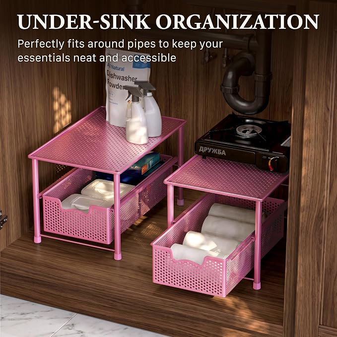 Simple Houseware Stackable Under Sink Sliding Basket Drawer, Pink | Perforated Free Standing Organizer, Kitchen/Pantry/Cabinet/Counter - Image 6