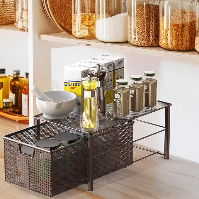 Deco Brothers Stackable Pull Out Cabinet Sliding Basket with Divider, Large | Under Sink Organizer, Bronze - Image 4