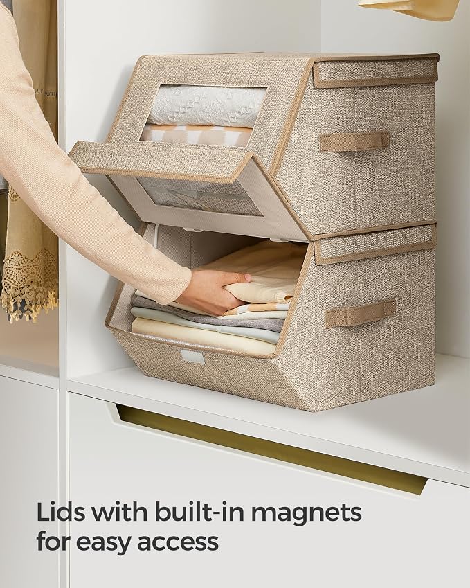 SONGMICS Stackable Storage Bins, Set of 2, with Lids and Front Windows | Closet Organizers, Linen-Look Non-Woven Fabric, Magnetic Closures, Side Handles, Beige, TINA Collection URLB002Y01 - Image 4