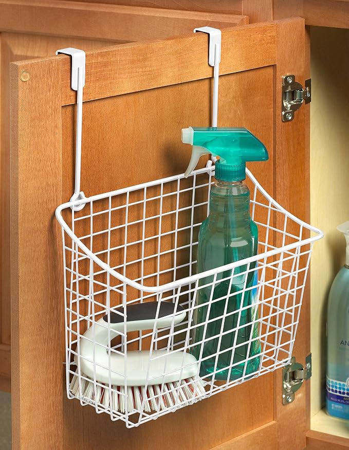 Spectrum Large Over Cabinet Door Organizer White Wire Storage Basket for Kitchen Bathroom, Steel Hanging Cabinet Storage Organizer Basket Design Fits 0.75 Inch Cabinet Doors - Image 2