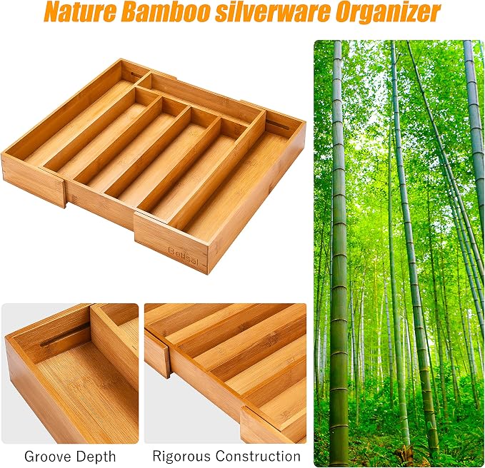 Silverware Organizer Kitchen Drawer Organizer Expandable Bamboo Utensil Holder Cutlery Tray for Kitchen Utensil and Flatware Bedroom Office - Image 5