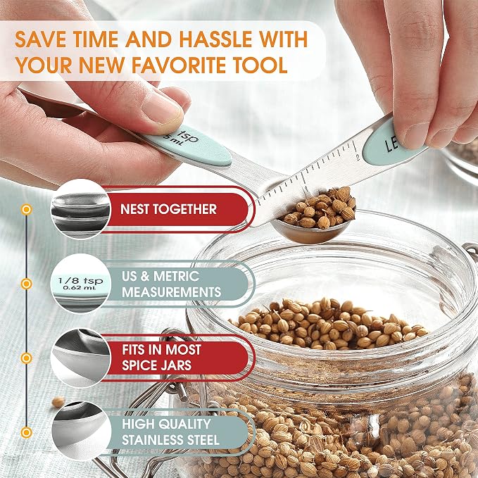 Spring Chef Stainless Steel 8 Magnetic Measuring Spoons for Kitchen, Mint | Dual Sided Metal Teaspoon & Tablespoon Measuring Spoons with Leveler for Dry & Liquid Ingredients, Nesting, Dishwasher Safe - Image 5