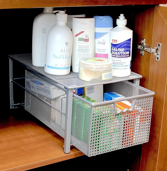 Deco Brothers Stackable Pull Out Cabinet Sliding Basket with Divider, Large | Under Sink Organizer, Silver - Image 7