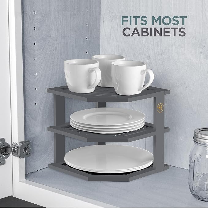 Grey Plate Organizer for Cabinet - 3 Tier Gray Bamboo Corner Cabinet Organizer Shelf for Plates Bowls Mugs Cups, Kitchen Cabinet Organizer, Cabinet Shelf Organizer, Countertop Rack, 10 x 10 x 9.5 Gray - Image 4